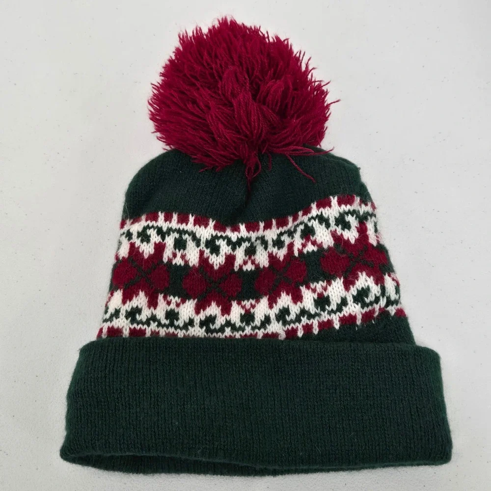 Kids Fair Isle Pom Pom Beanie Hat Green Red White Winter Knit Acrylic 90s vibes